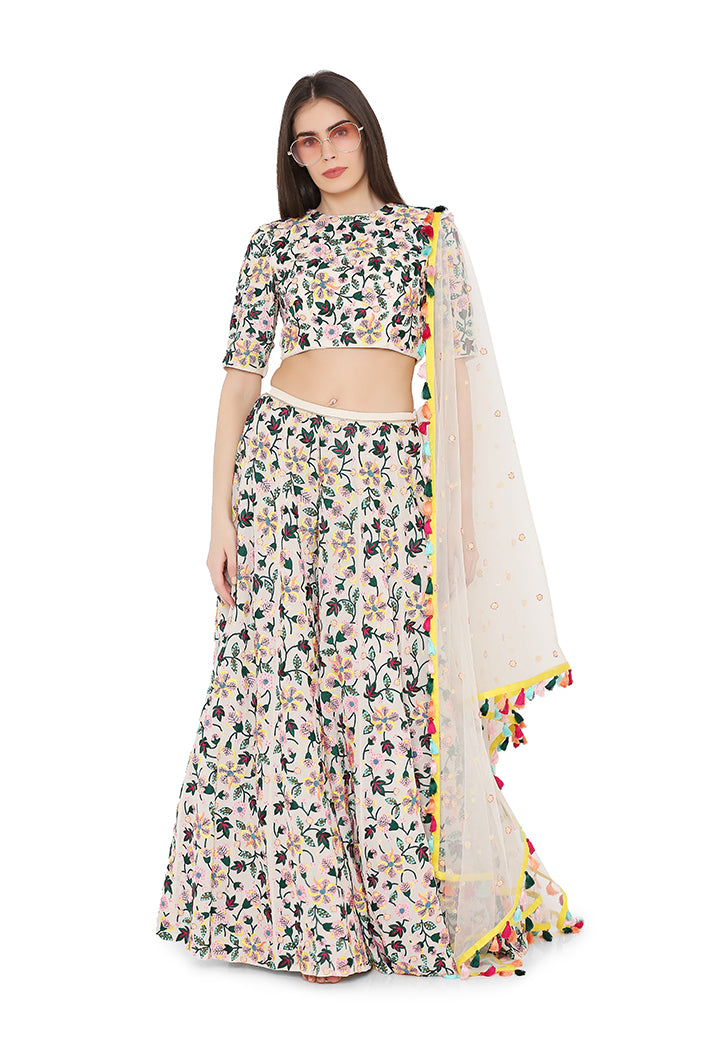 Chalk White Colour Georgette Back Tie-Up Choli and Lehenga with Net Dupatta