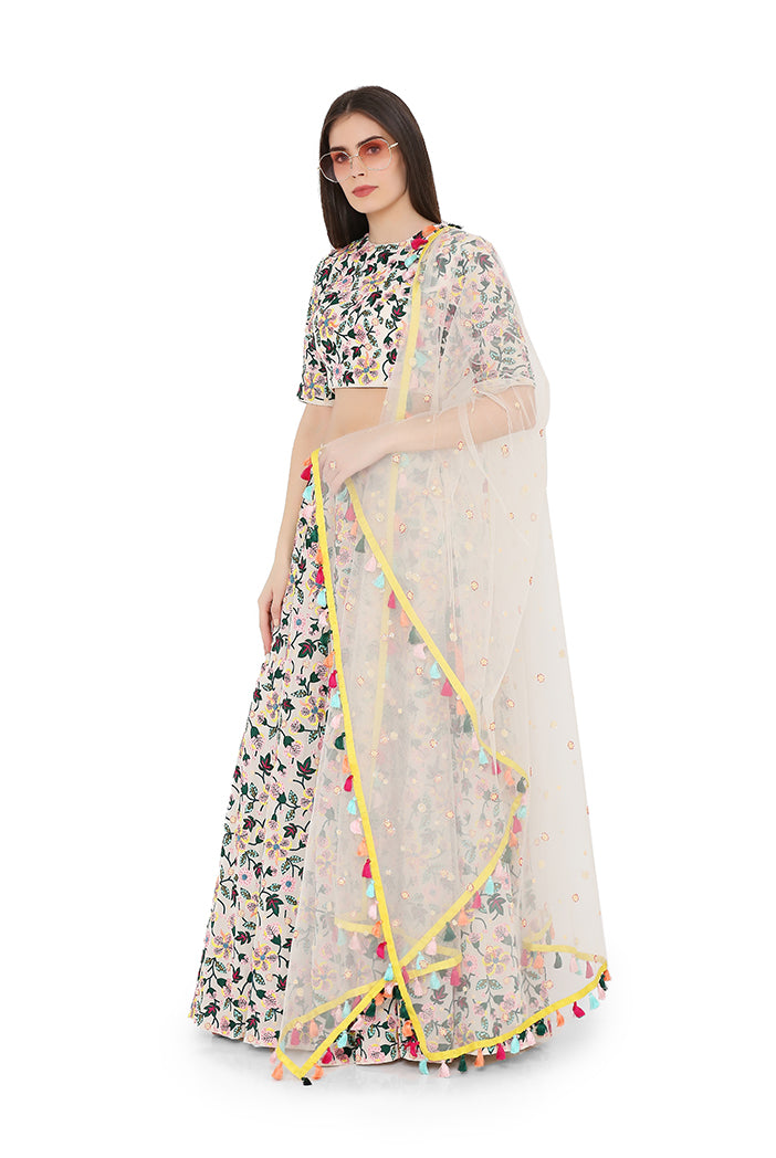 Chalk White Colour Georgette Back Tie-Up Choli and Lehenga with Net Dupatta