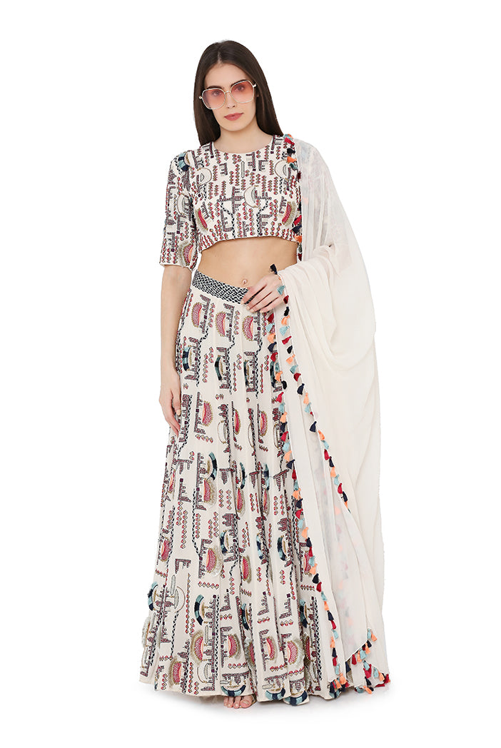 Chalk White Colour Georgette Choli and Lehenga with Chiffon Dupatta
