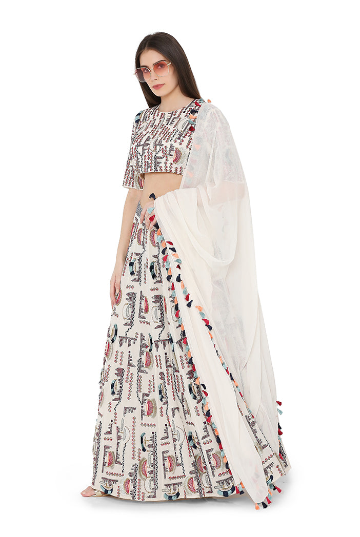 Chalk White Colour Georgette Choli and Lehenga with Chiffon Dupatta