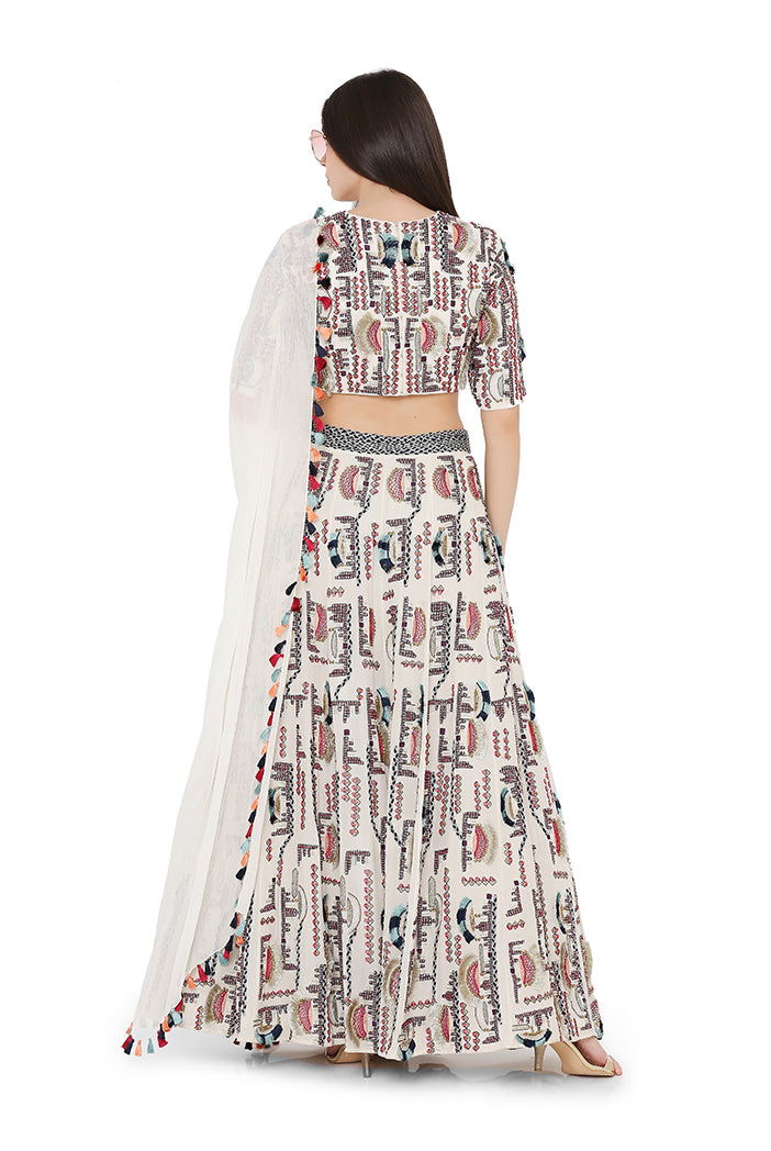 Chalk White Colour Georgette Choli and Lehenga with Chiffon Dupatta