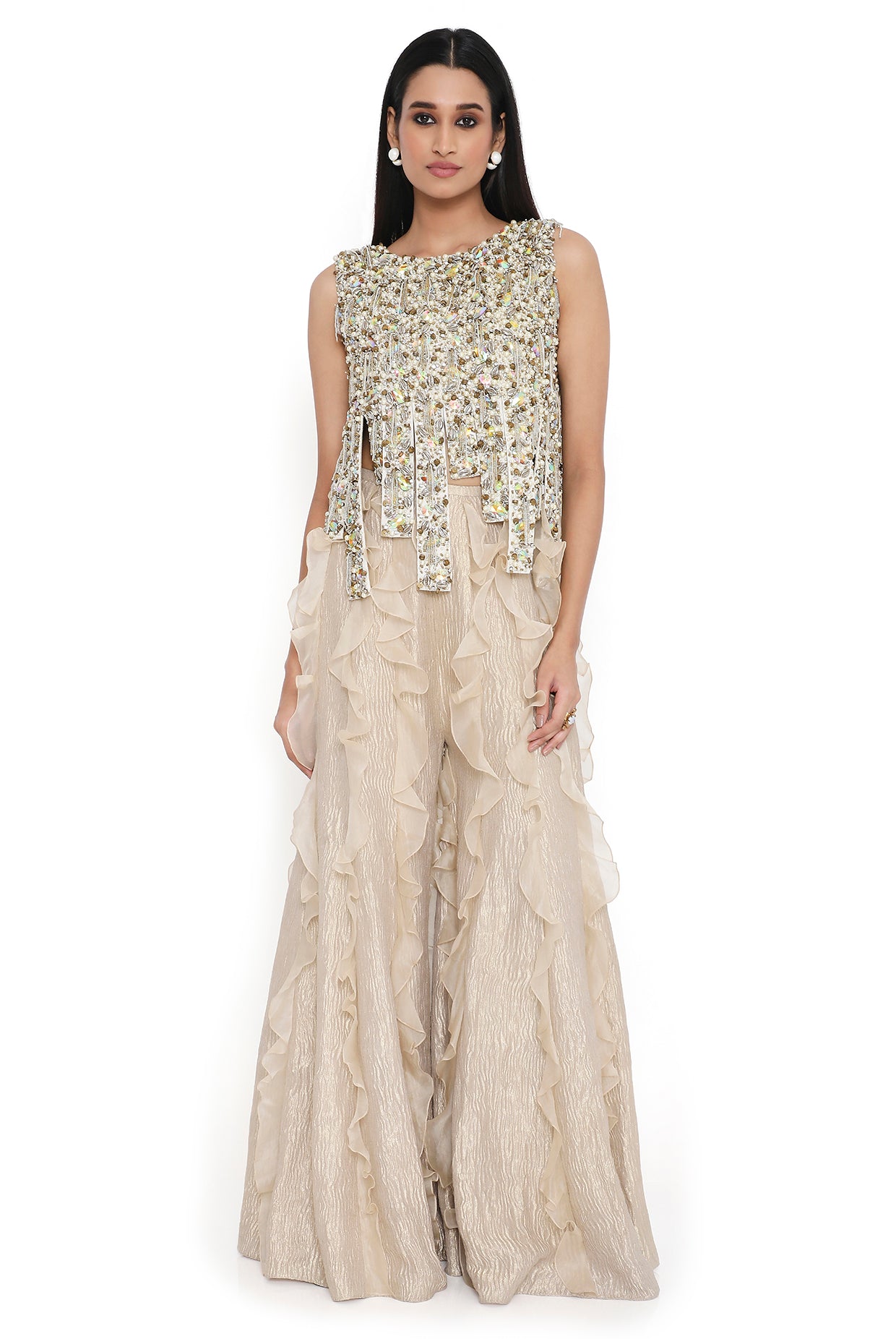 Chiara Off White Embroidered Top And Sharara With Ruffles