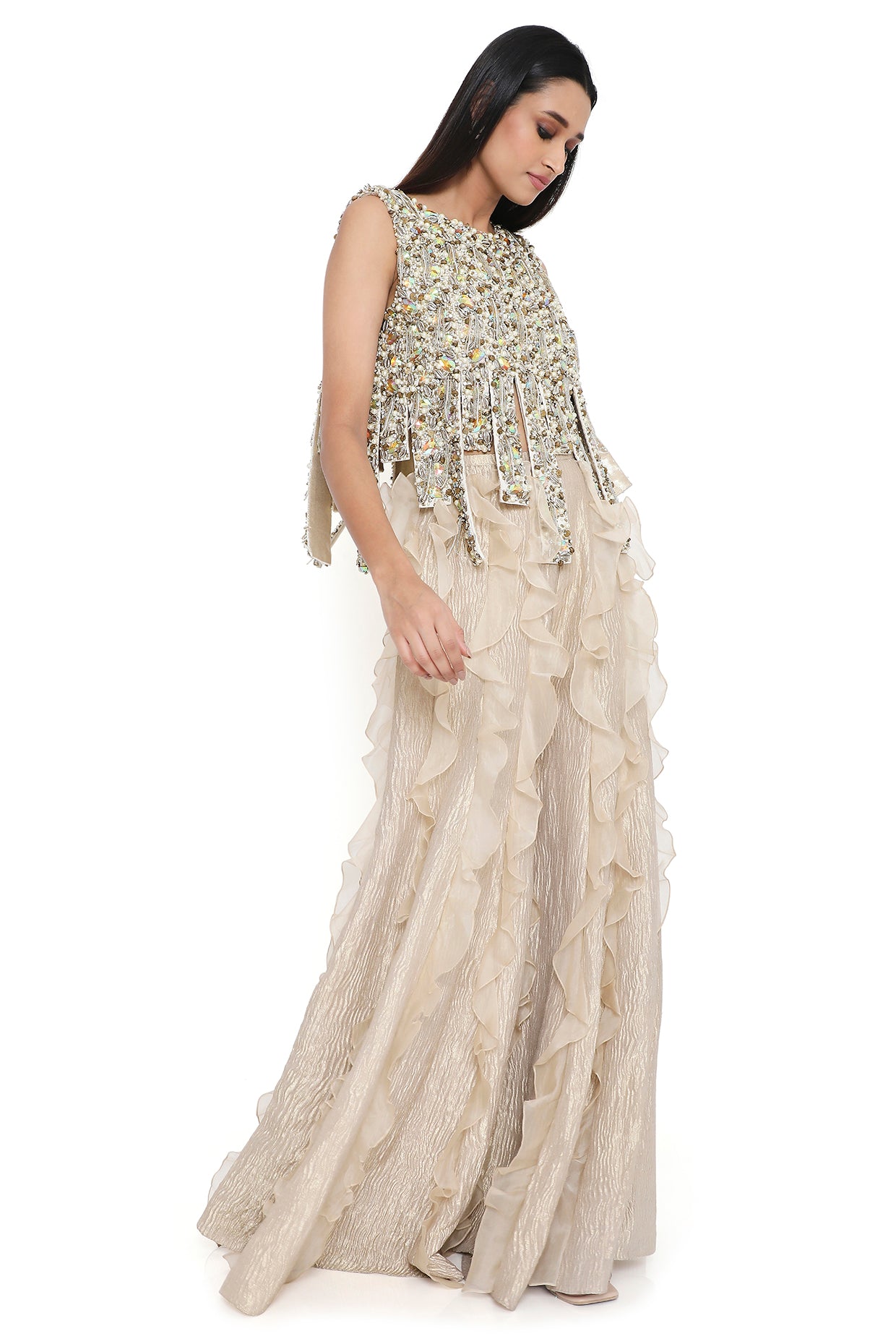 Chiara Off White Embroidered Top And Sharara With Ruffles