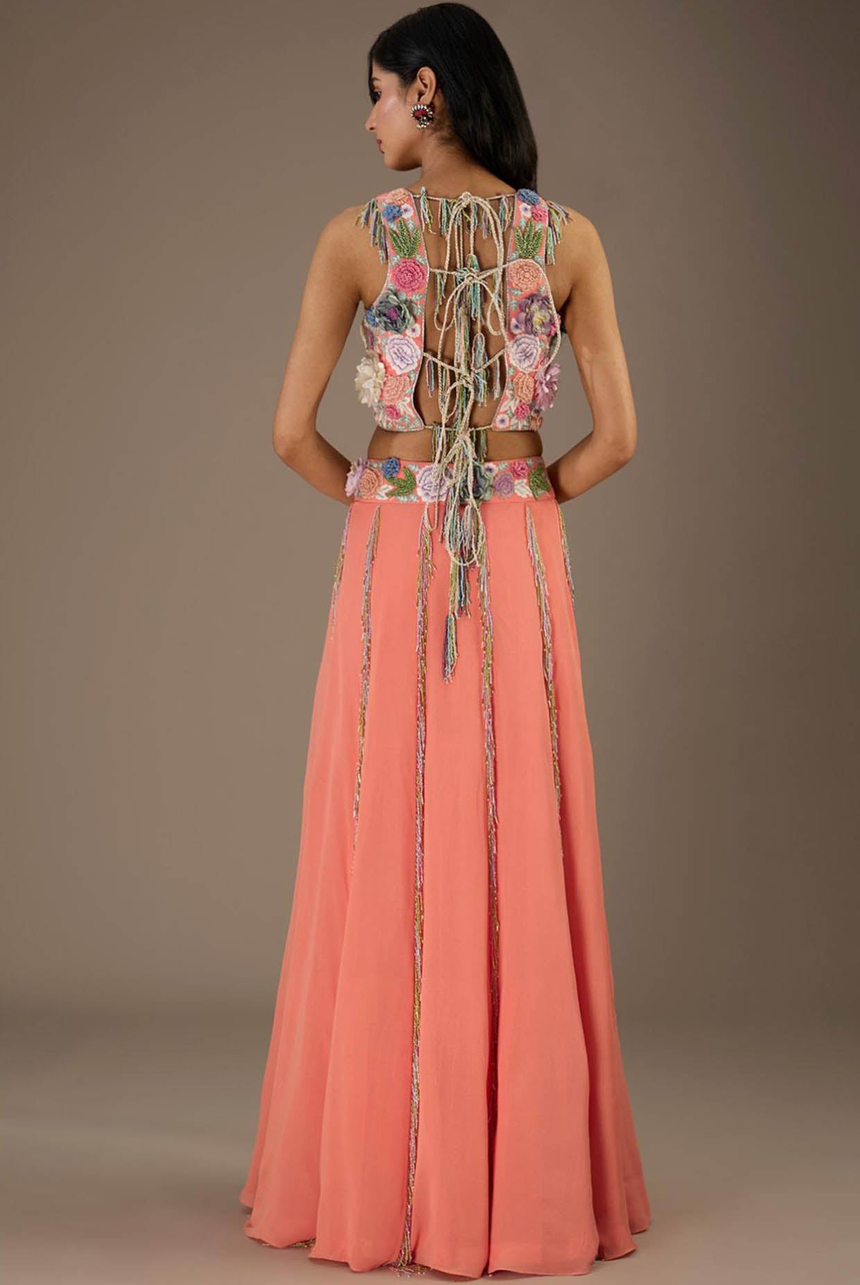 Coral Embroidered Back Tie-Up Choli With Lehenga And Dupatta