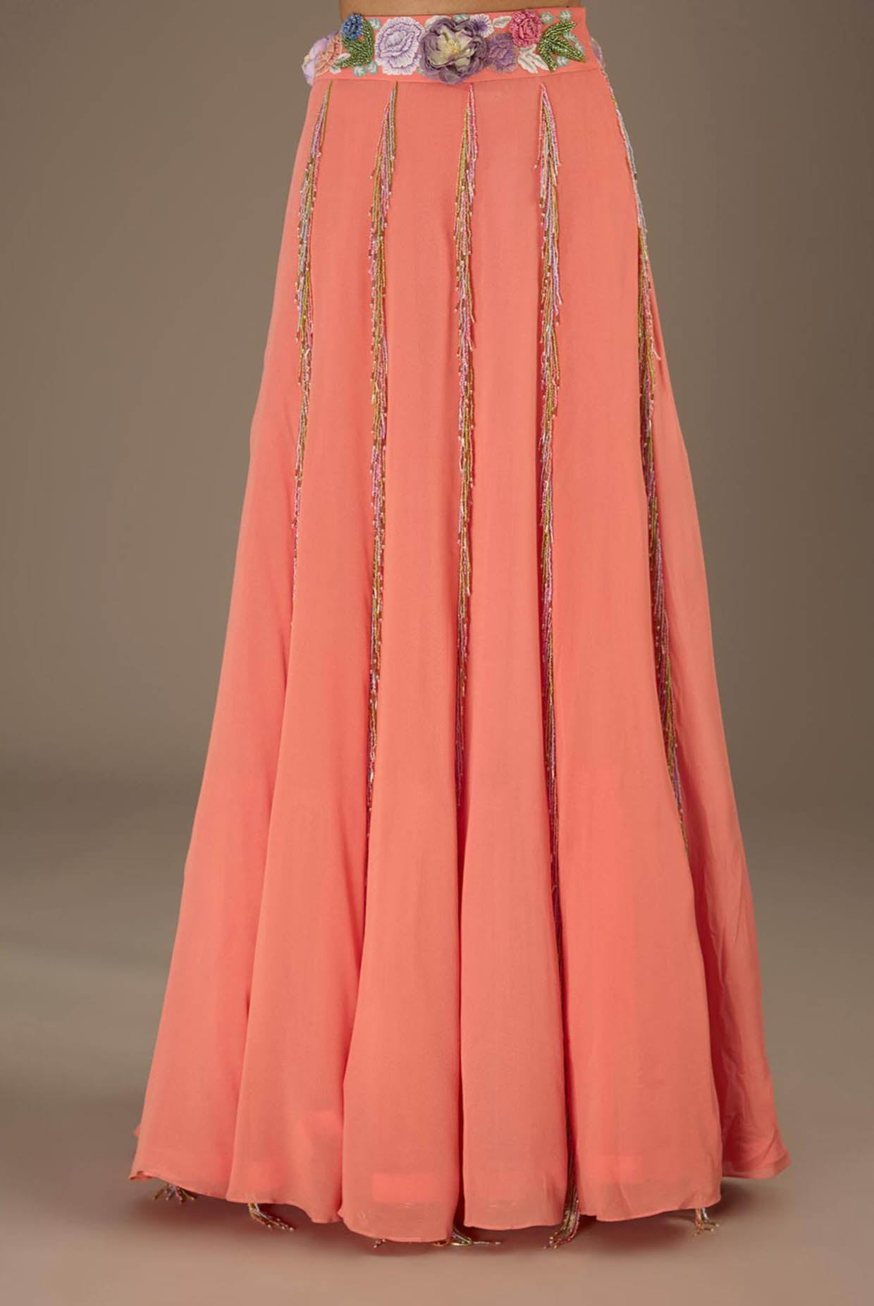 Coral Embroidered Back Tie-Up Choli With Lehenga And Dupatta