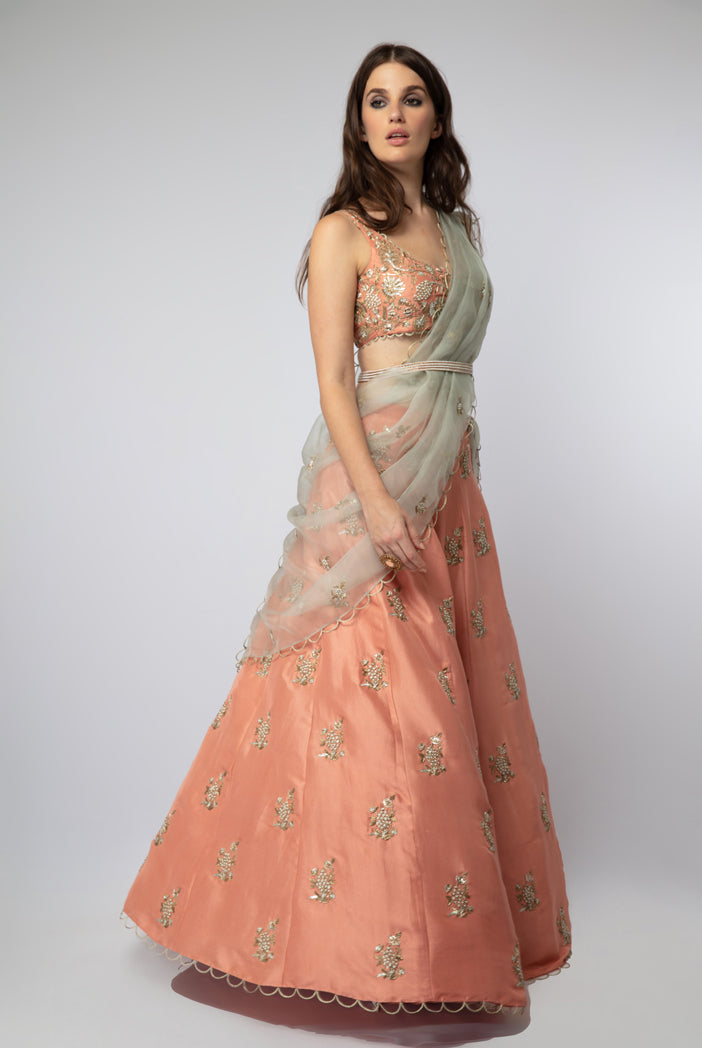 Coral Silk Choli with Lehenga and Mint Organza Dupatta with Waist Belt