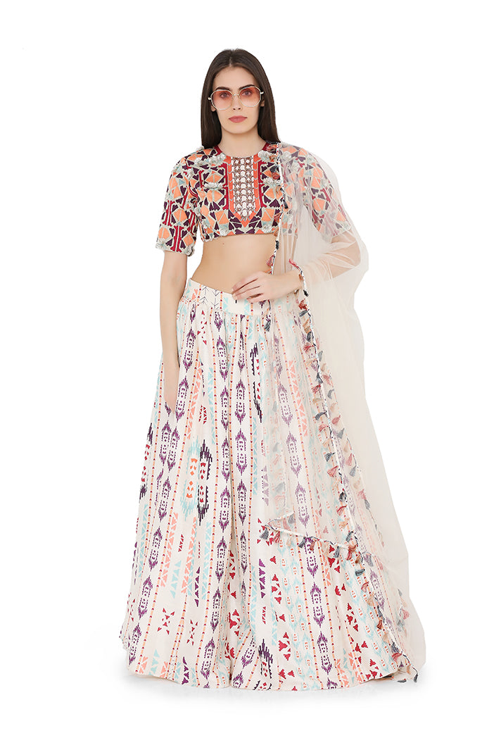 Cream Colour Crepe Back tie-Up Choli with Net Dupatta and Printed Lehenga