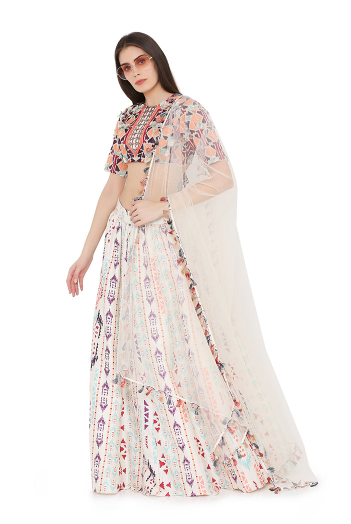 Cream Colour Crepe Back tie-Up Choli with Net Dupatta and Printed Lehenga