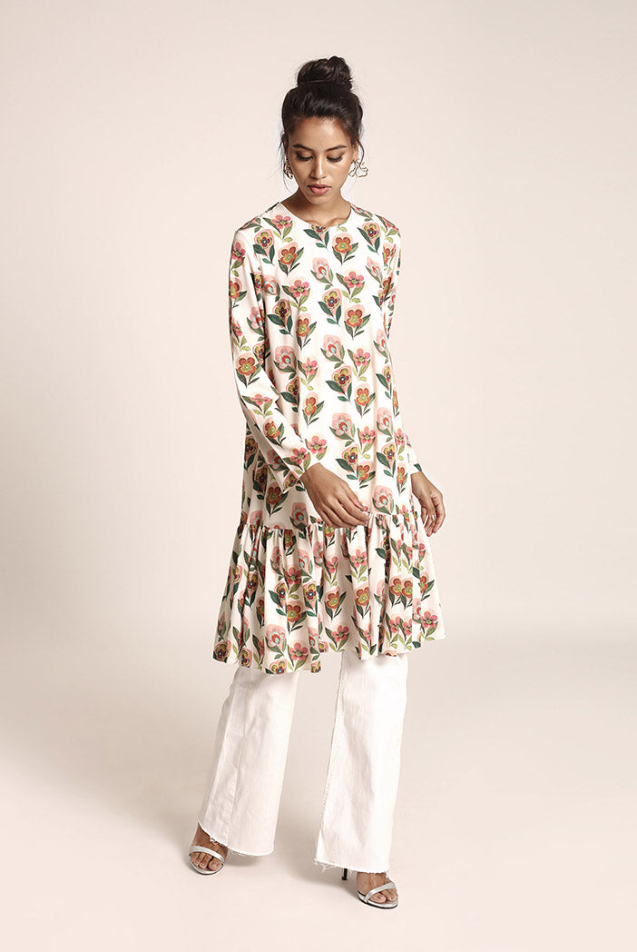 Cream Printed Art Crepe Tunic