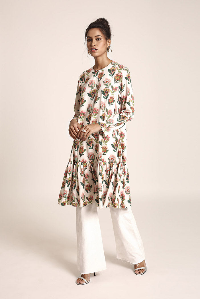 Cream Printed Art Crepe Tunic