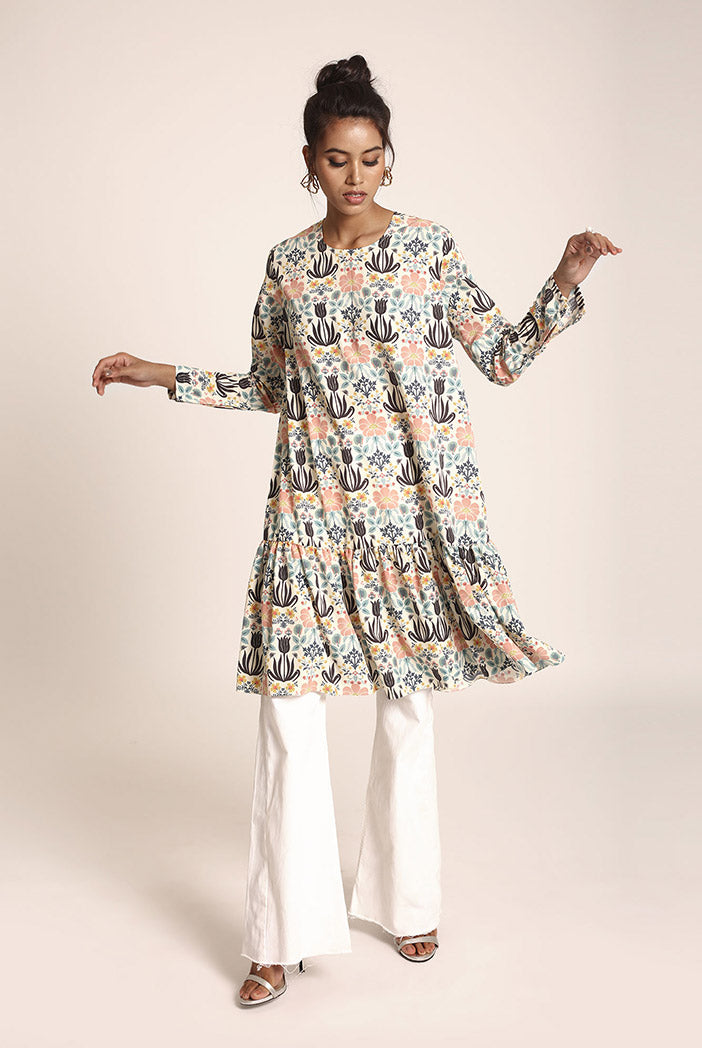 Cream Printed Art Crepe Tunic