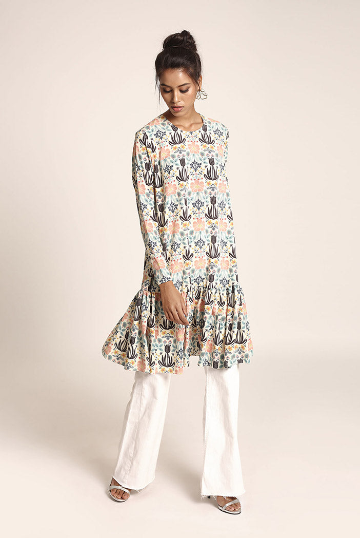 Cream Printed Art Crepe Tunic