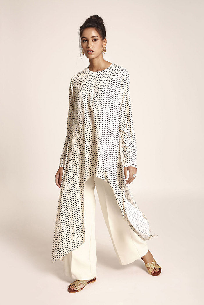 Cream Printed Art Crepe Tunic