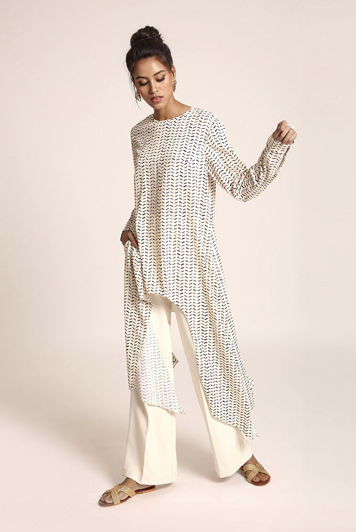 Cream Printed Art Crepe Tunic