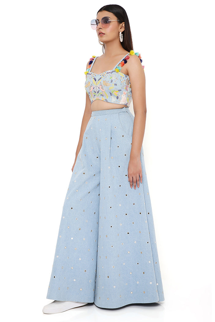 Blue Denim Embroidered Bustier And Flared Pant