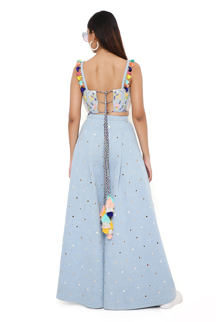 Blue Denim Embroidered Bustier And Flared Pant