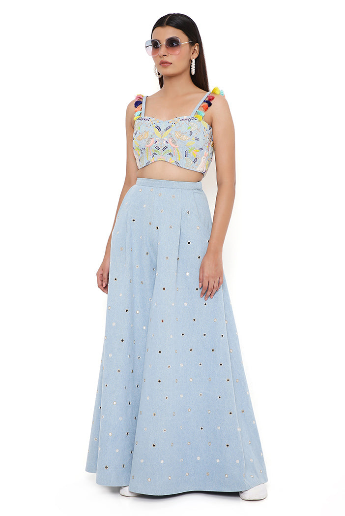 Blue Denim Embroidered Bustier And Flared Pant
