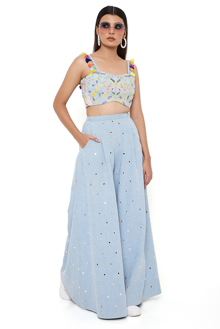 Blue Denim Embroidered Bustier And Flared Pant