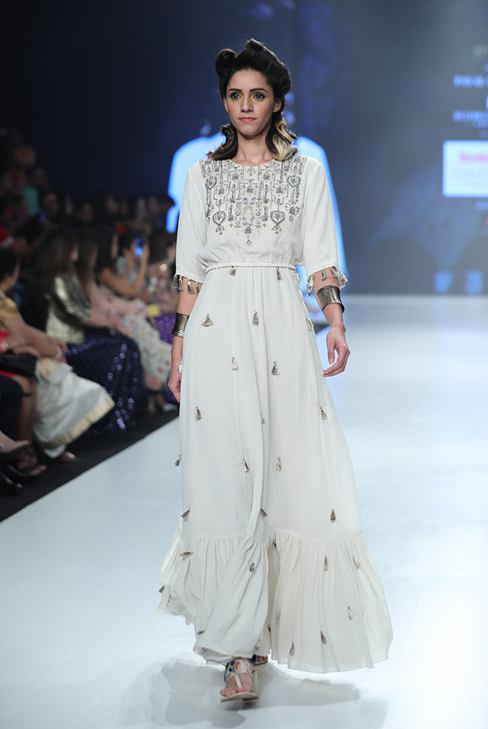 Diba Chalk White Georgette Balloon Top with Georgette Frill Skirt
