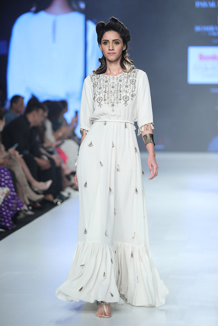 Diba Chalk White Georgette Balloon Top with Georgette Frill Skirt