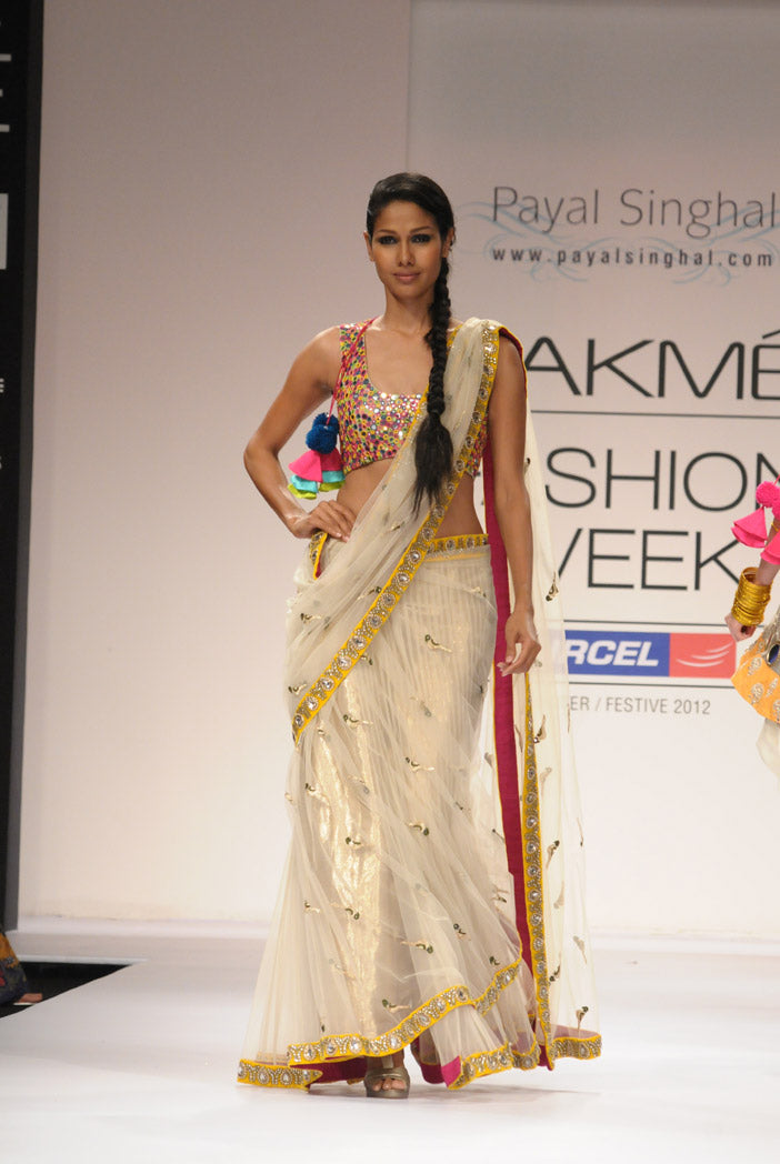 Ecru Tulle Kali Saree with Multicolour Choli