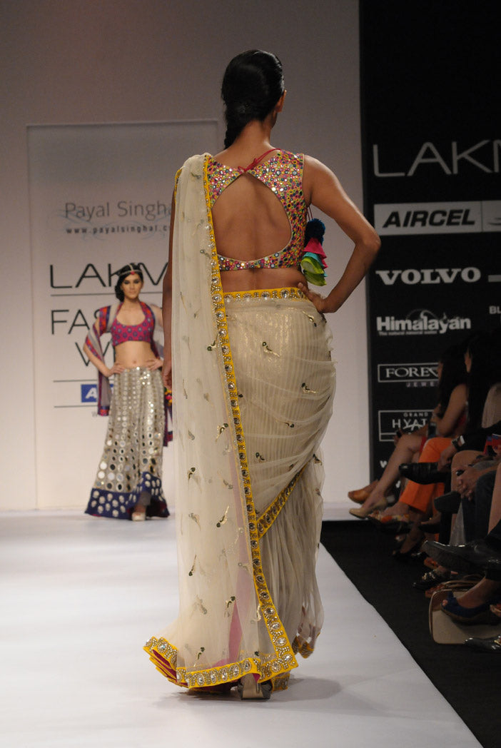 Ecru Tulle Kali Saree with Multicolour Choli