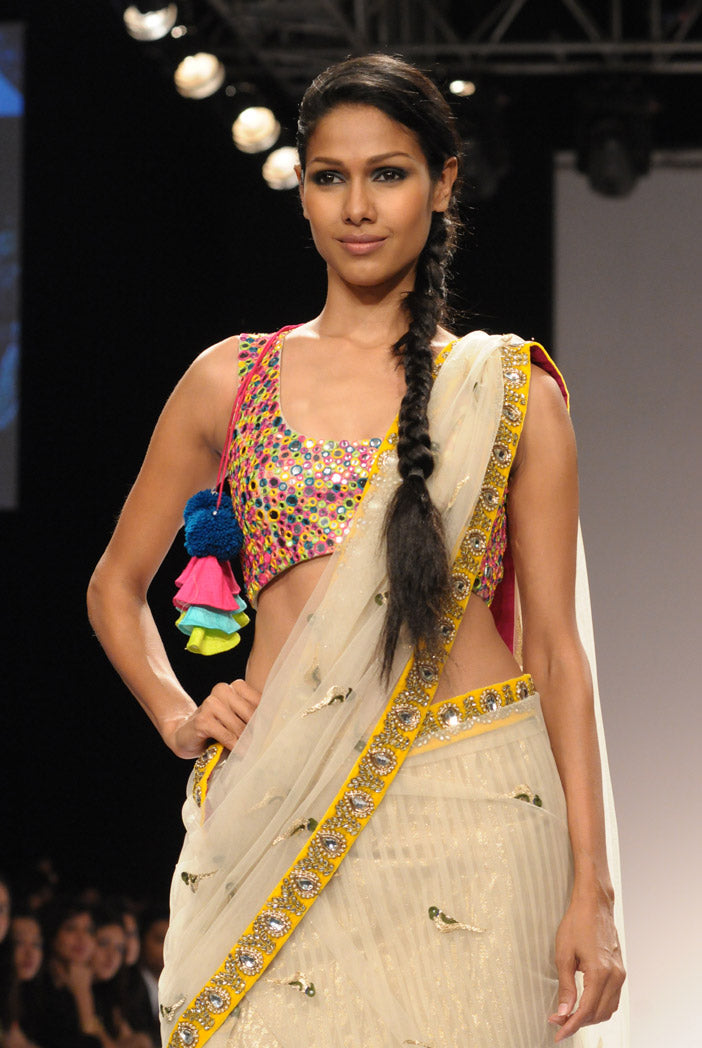Ecru Tulle Kali Saree with Multicolour Choli