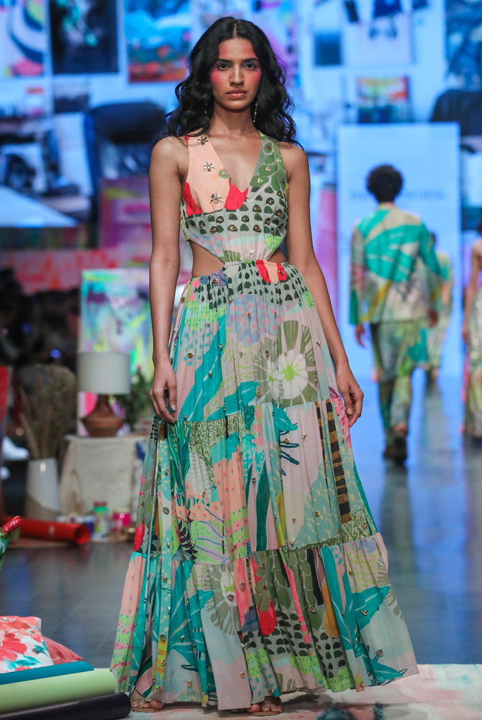 Emma Tropical Print Georgette Embroidered Waist Cut Out Dress