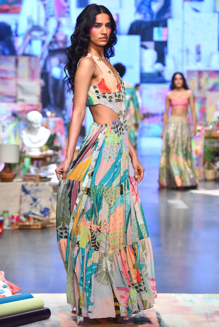 Emma Tropical Print Georgette Embroidered Waist Cut Out Dress