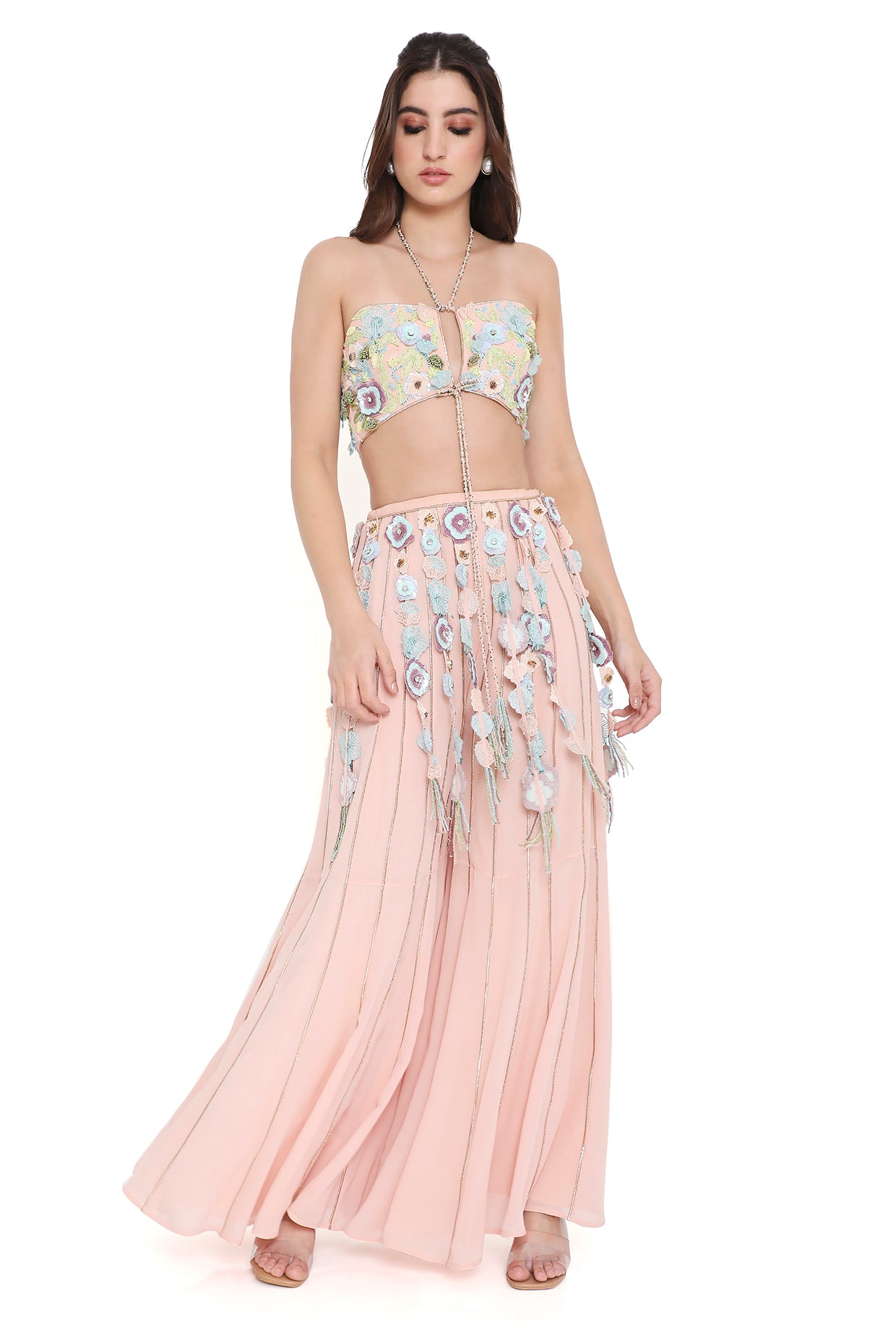 Enrica Rose Pink Embroidered Front & Back Tie-Up Bustier And Sharara With Hanging 3D Flower Tassels