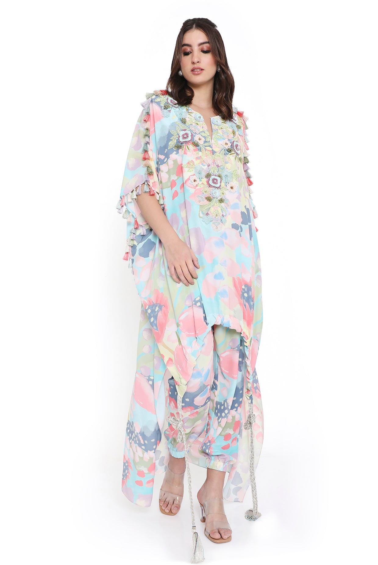 Evalie Euphoria Print High-Low Embroidered Kaftan With Jogger Pant