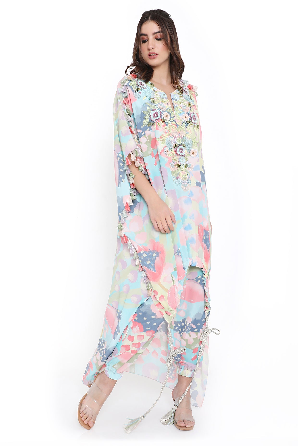 Evalie Euphoria Print High-Low Embroidered Kaftan With Jogger Pant