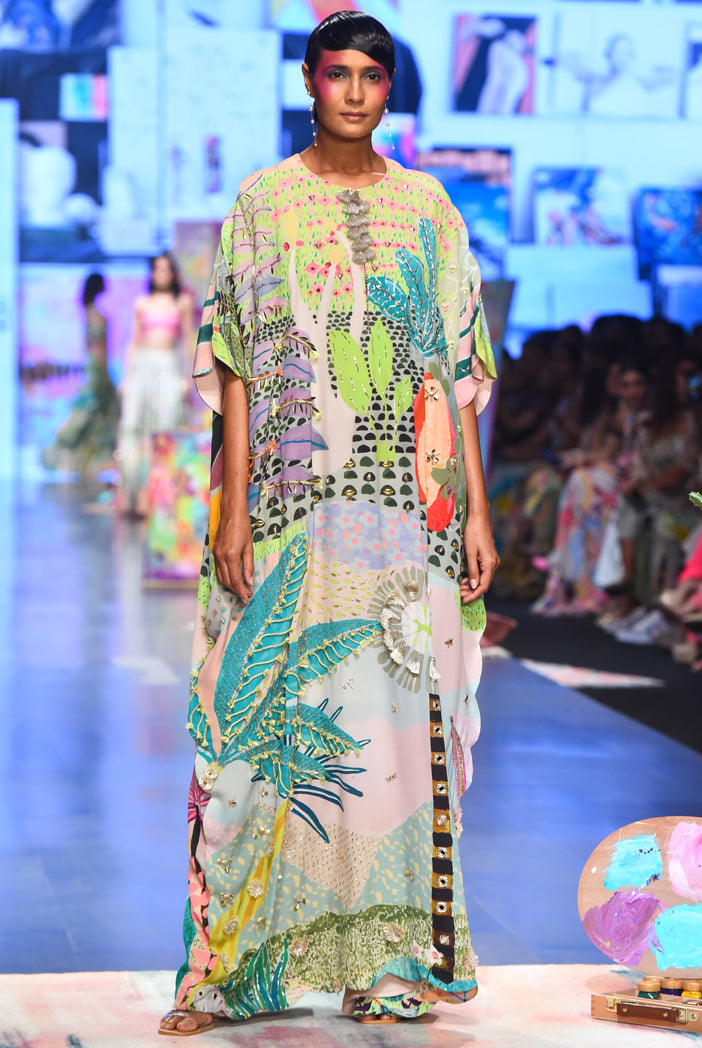 Frida Tropical Print Crepe Front Embroidered Scalloped Edge Kaftan