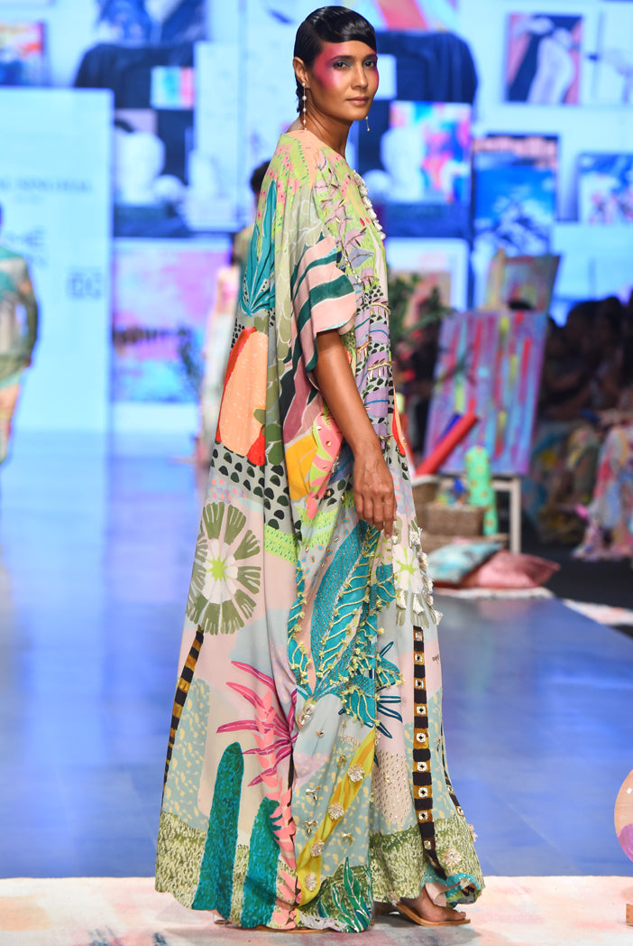 Frida Tropical Print Crepe Front Embroidered Scalloped Edge Kaftan