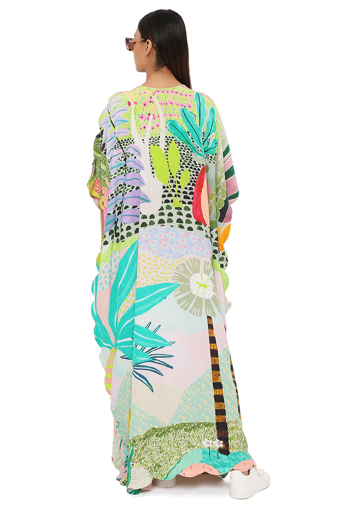 Frida Tropical Print Crepe Front Embroidered Scalloped Edge Kaftan