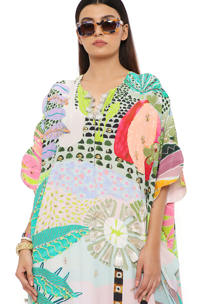Frida Tropical Print Crepe Front Embroidered Scalloped Edge Kaftan