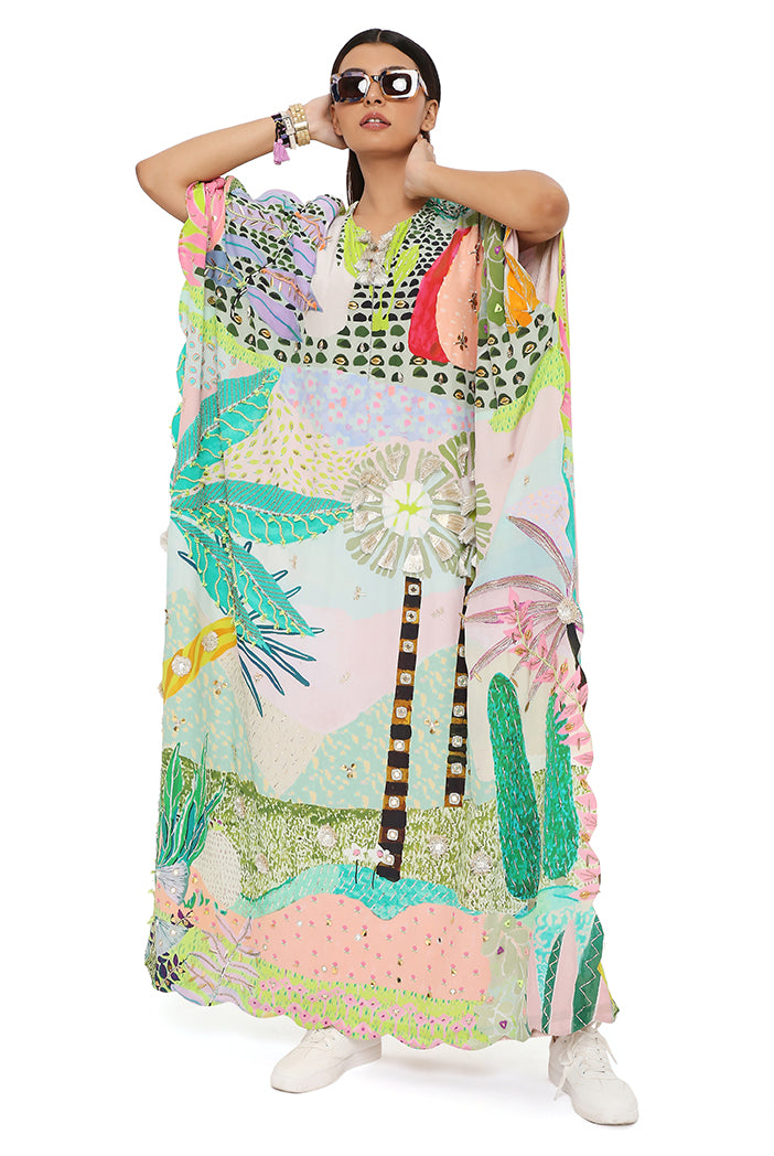 Frida Tropical Print Crepe Front Embroidered Scalloped Edge Kaftan