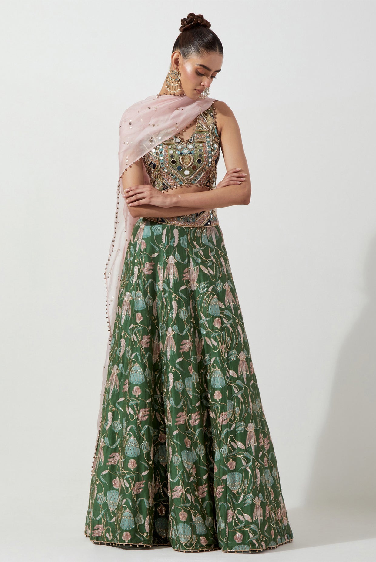 GREEN EMBROIDERED CHOLI & PRINTED LEHENGA WITH PINK ORGANZA DUPATTA