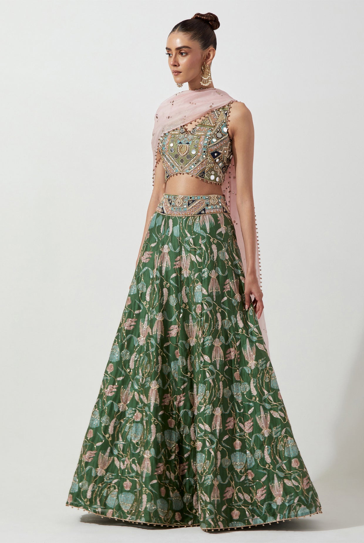 GREEN EMBROIDERED CHOLI & PRINTED LEHENGA WITH PINK ORGANZA DUPATTA