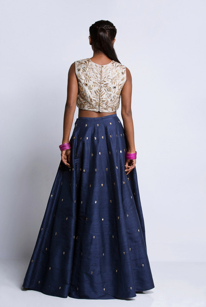 Grey Dupion Silk Choli with Navy Dupion Silk Lehenga and Grey Net Dupatta