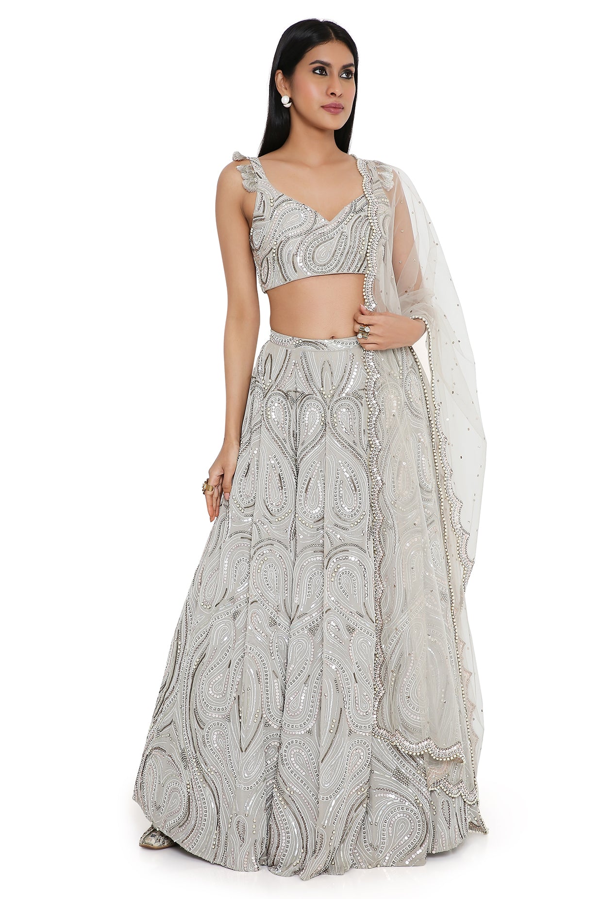 Grey Georgette Embroidered Choli And Lehenga With Mukaish Net Dupatta