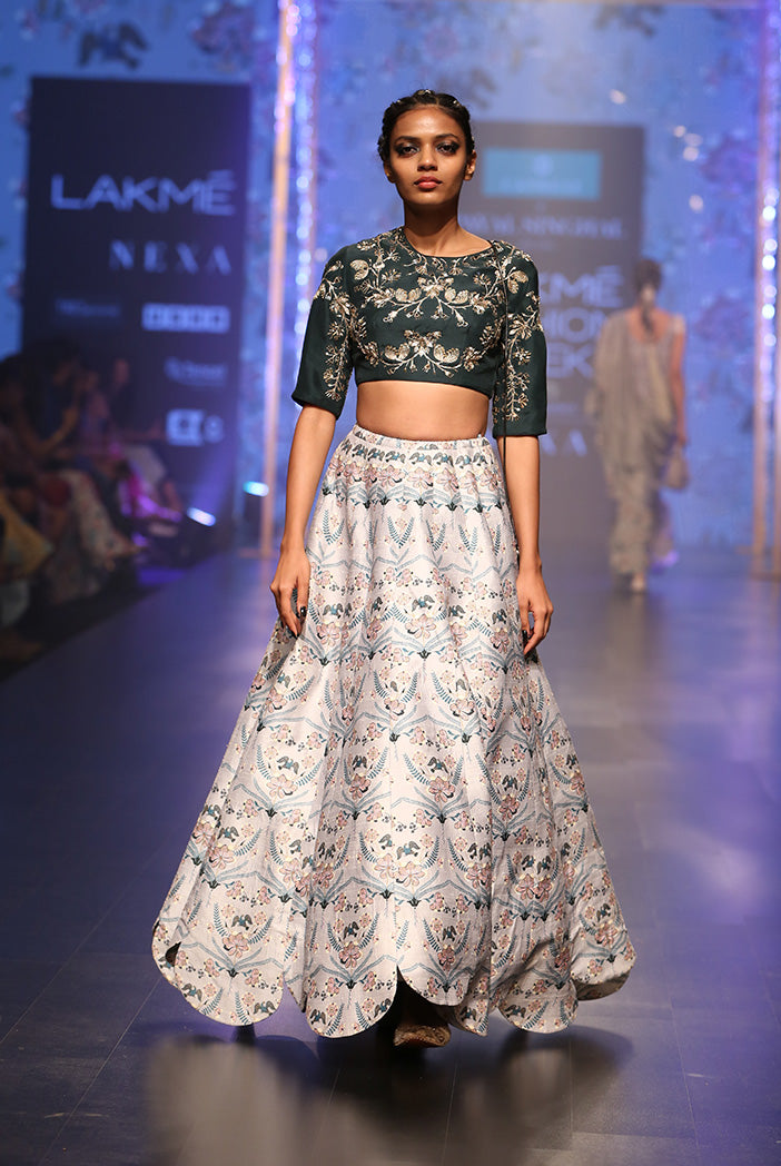 Gulisa Emerald Green Silk Choli with Powder Blue Printed Dupion Silk Scallop Lehenga