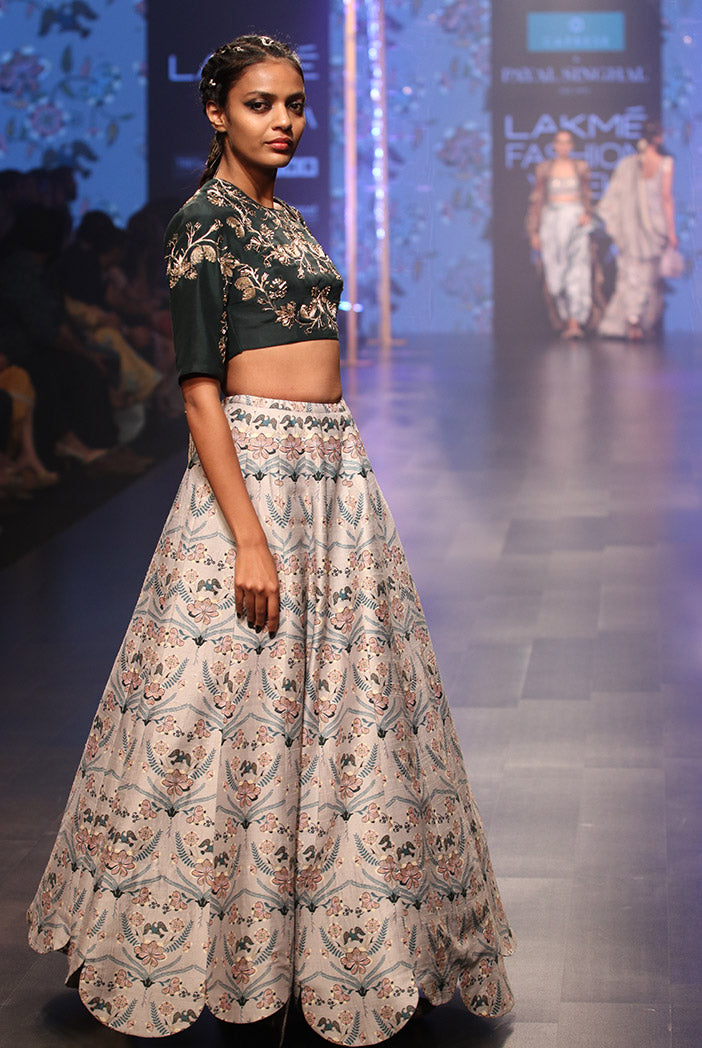 Gulisa Emerald Green Silk Choli with Powder Blue Printed Dupion Silk Scallop Lehenga