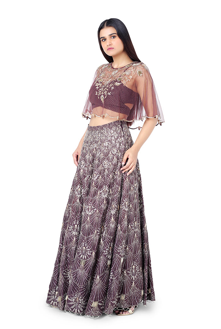 Gunmetal Brown Colour Net Cape with Mukaish Georgette Bustier and Silk Lehenga