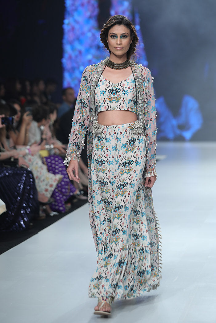 Heline Pink Printed Georgette Jacket with White Printed Crepe Bustier and Sharara Pant