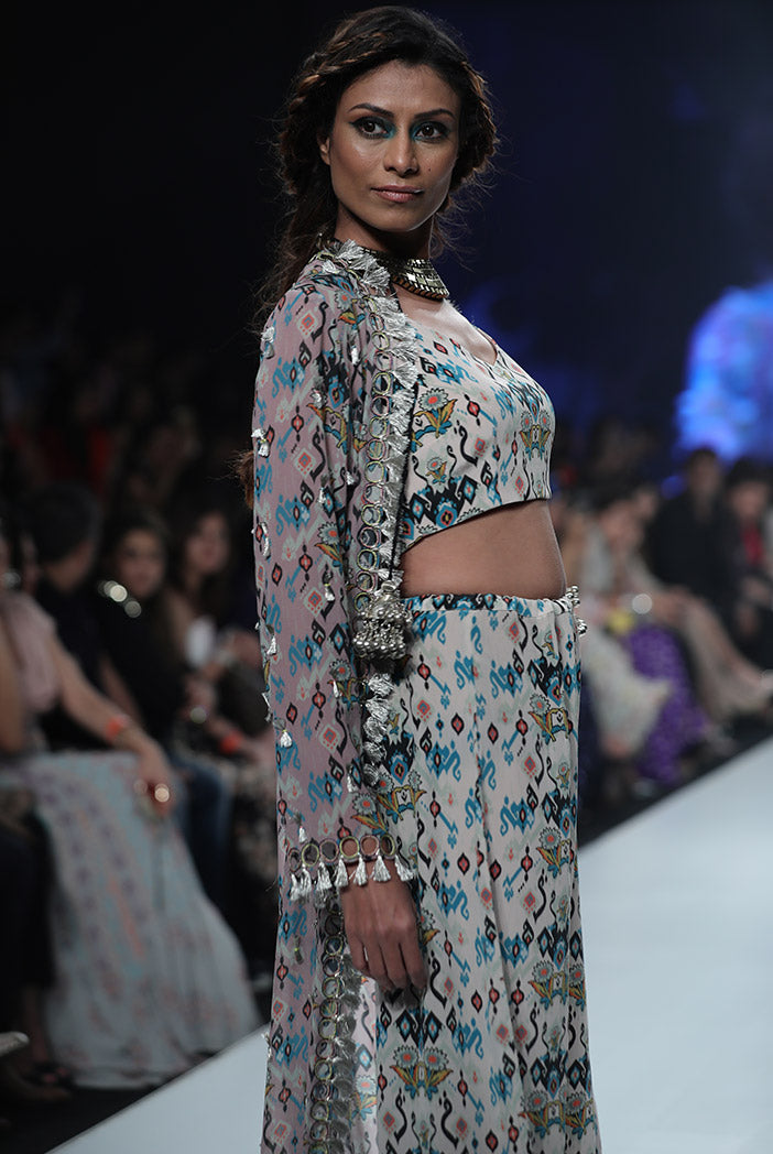 Heline Pink Printed Georgette Jacket with White Printed Crepe Bustier and Sharara Pant