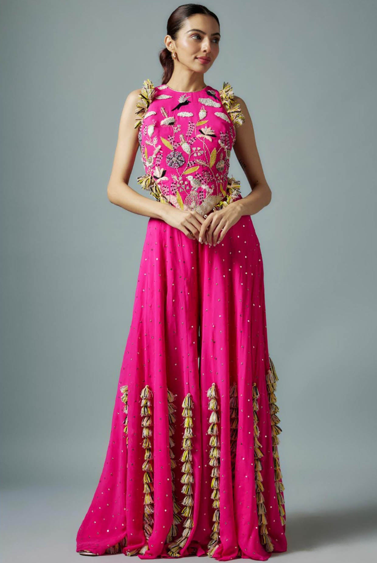 Hot Pink Embroidered Back Tie-Up Choli With Sharara