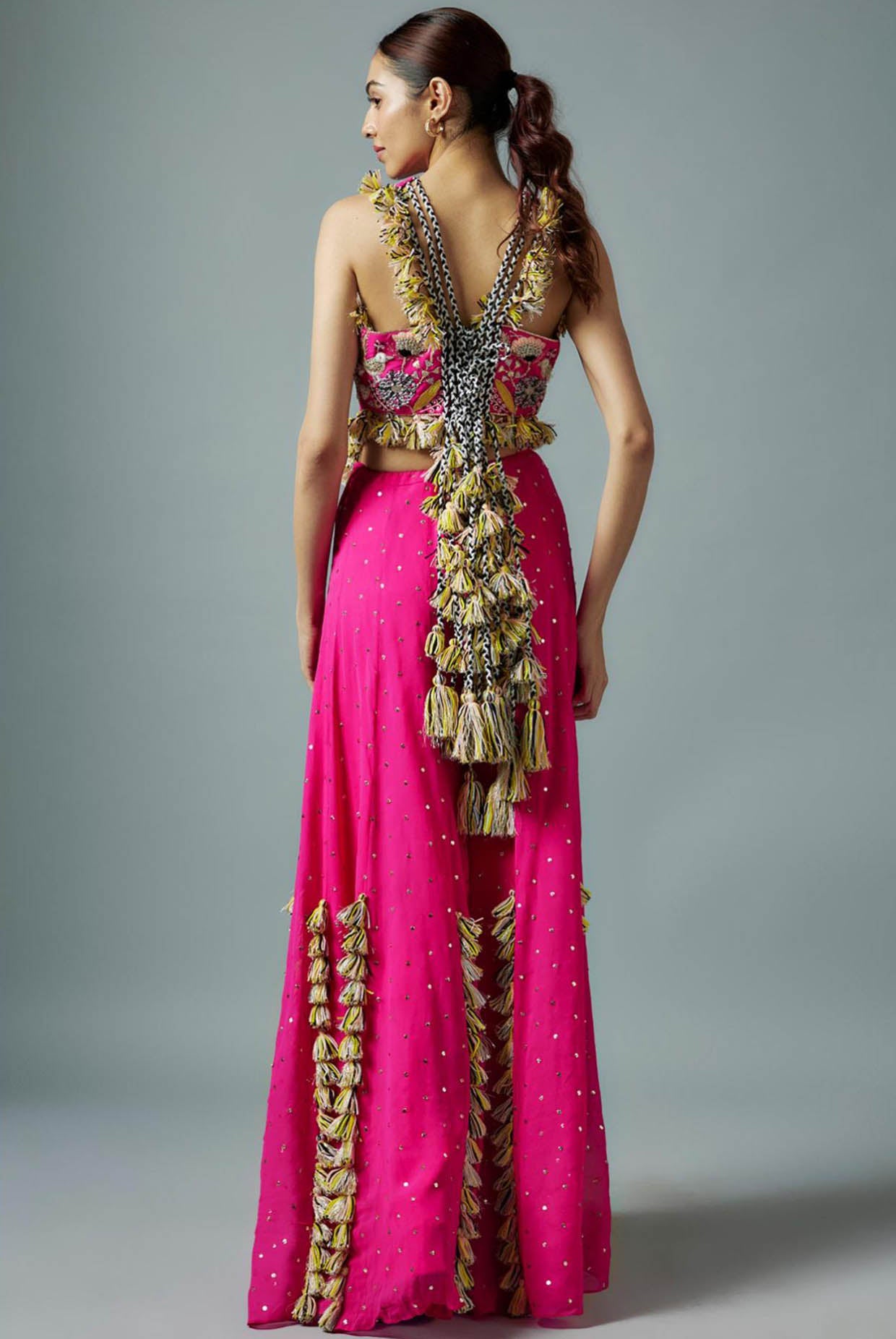 Hot Pink Embroidered Back Tie-Up Choli With Sharara