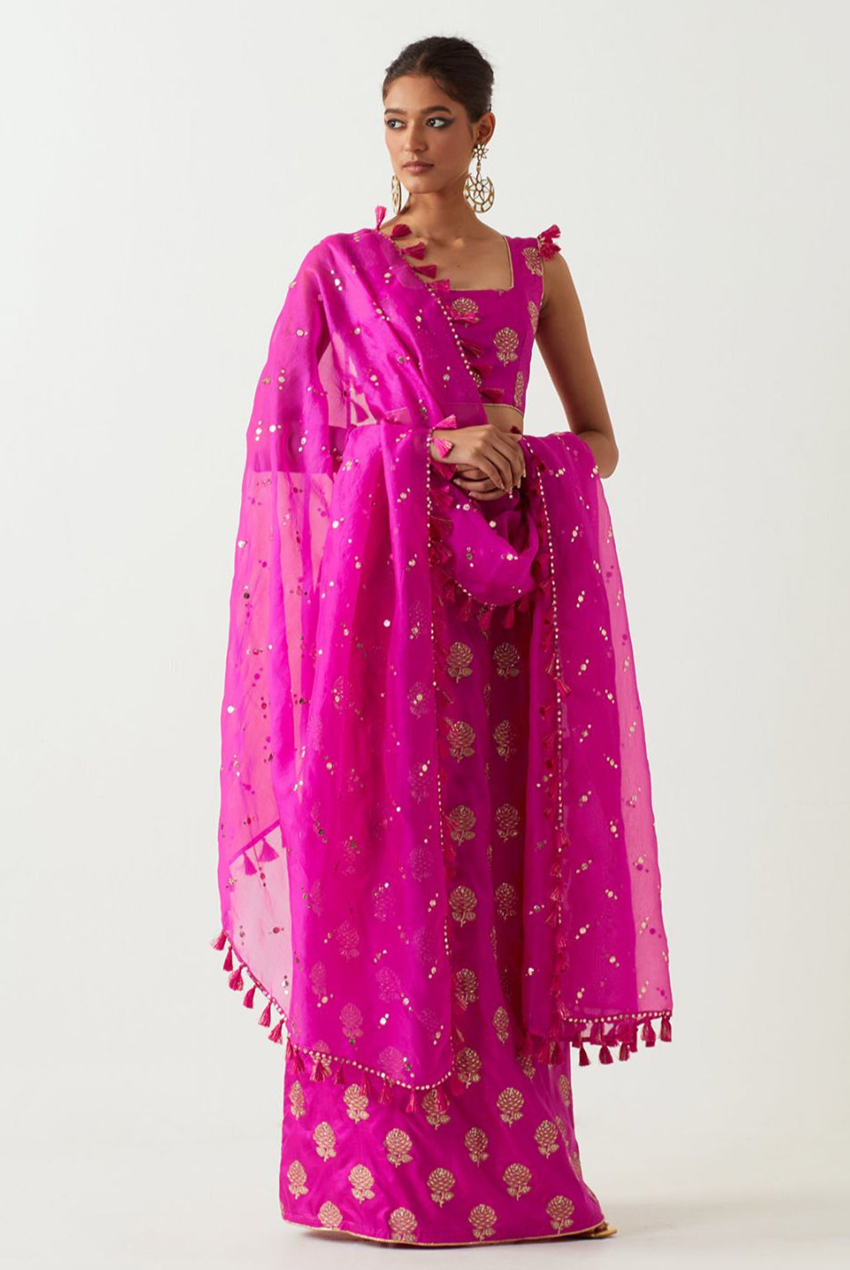 Hot Pink Embroidered Choli And Skirt With Dupatta