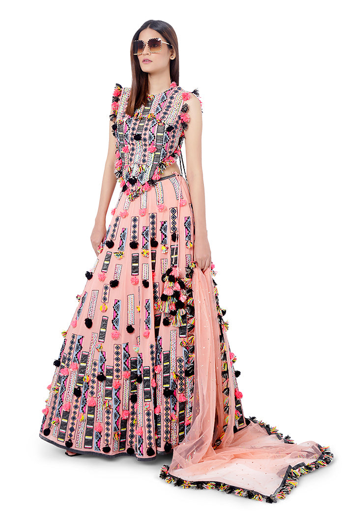 Idris Coral Colour Georgette Embroidered Back Tie-Up Choli with Lehenga and Dot Net Mukaish Dupatta